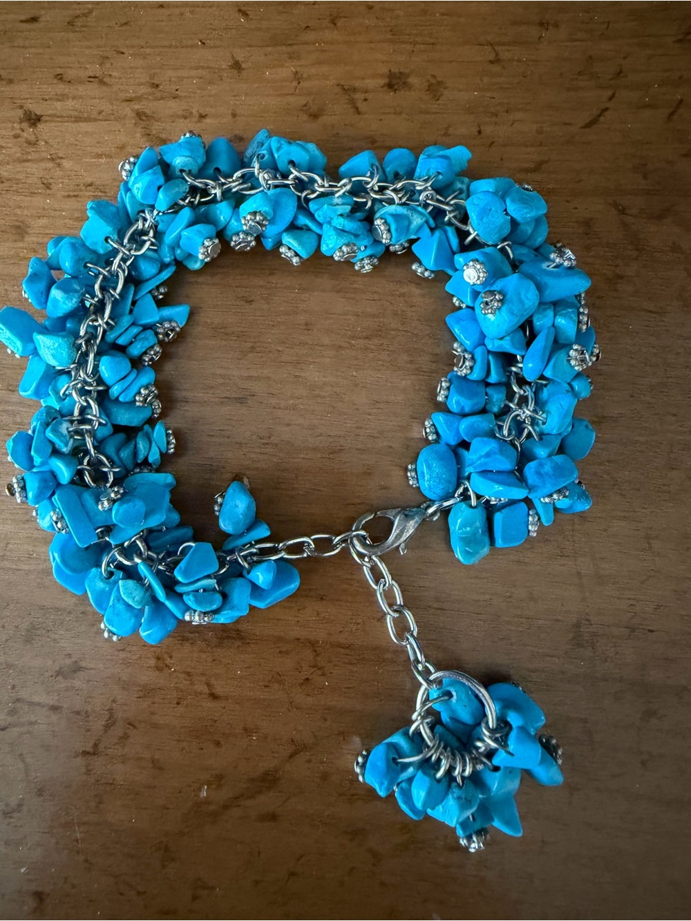 Bright Turquoise Chip Cluster Bracelet with Silver Chain - Women Jewelry